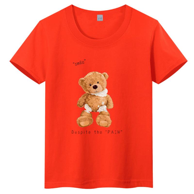 

Summer Pure Cotton Casual Childrens Short Sleeved Injured Teddy Bear Printed Top Parentchild Short Sleeved Shirt 3XL
