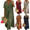 Women Loose V Neck Beach Dress Summer Casual Flowy Cotton Linen Maxi Swing Short Sleeve Tiered Dress