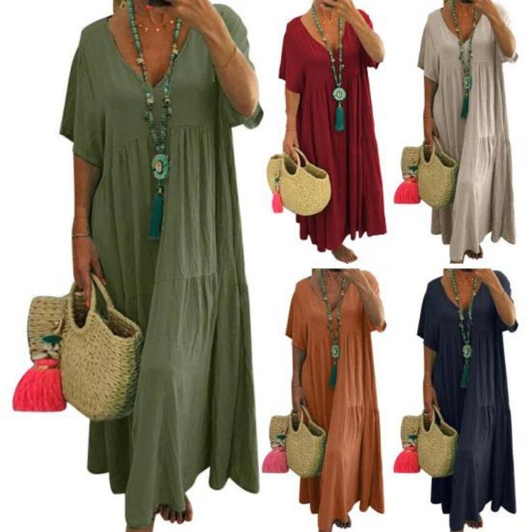 Women Loose V Neck Beach Dress Summer Casual Flowy Cotton Linen Maxi Swing Short Sleeve Tiered Dress
