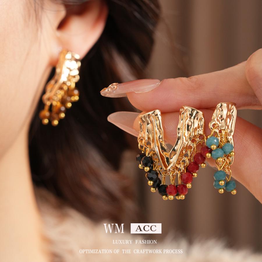 Vintage Silver Needle Tiger Eye Tassel Earrings - High-End Retro Studs with Pleated Design