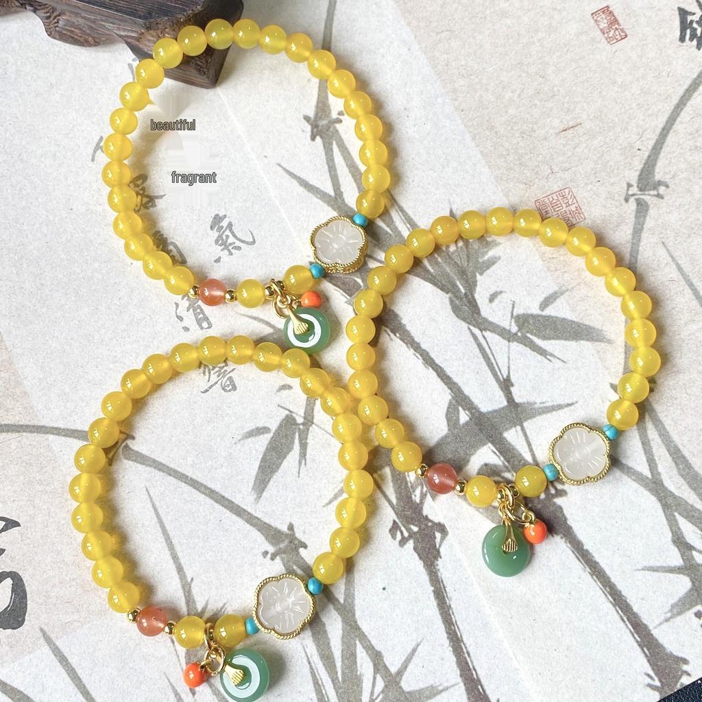 Natural Yellow Chalcedony Agate Bracelets - Chinese Style DIY Beaded Ornaments