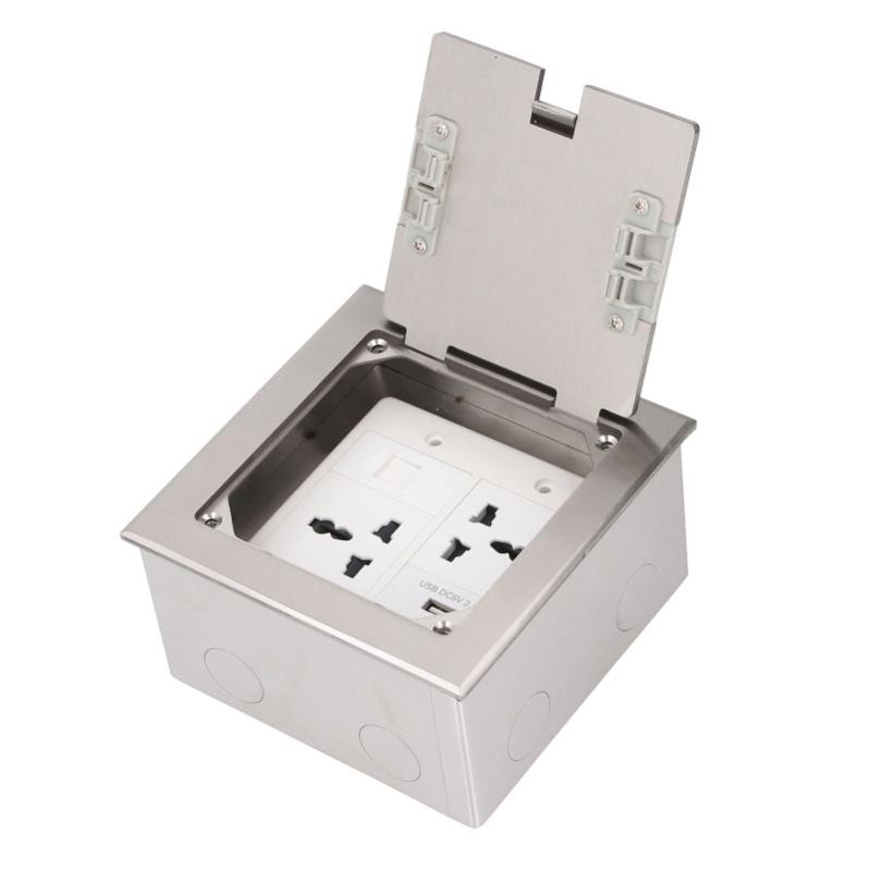 Recessed Floor Outlet Box Water Proof Stainless Steel Flat Socket 16A 2 Universal 3 Holes USB Network Port Silver