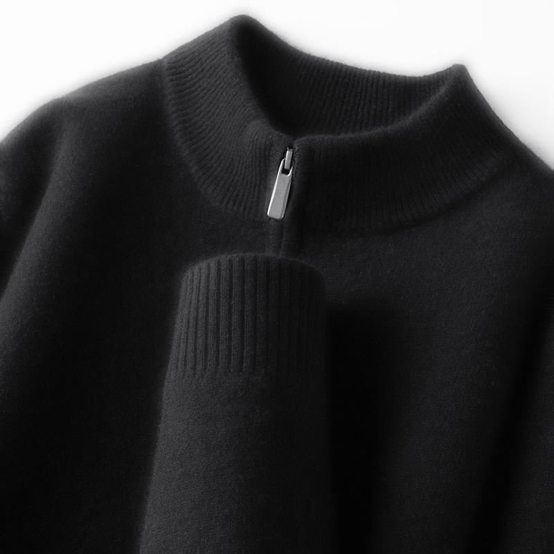 Men's Thickened 460g Cashmere Wool Sweater with Zipper, Half-High Collar, Warm Knitwear for Autumn/Winter.