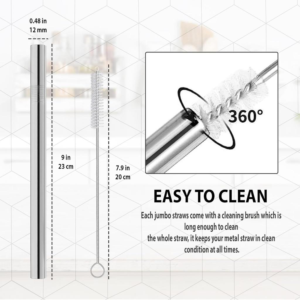 Stainless Steel Smoothie Straws, 0.4'' Extra Wide Reble Metal Drinking Straws for Milkshake, Smoothie, Bubble Tea, Juice, Beverage, Set of 4 with 2