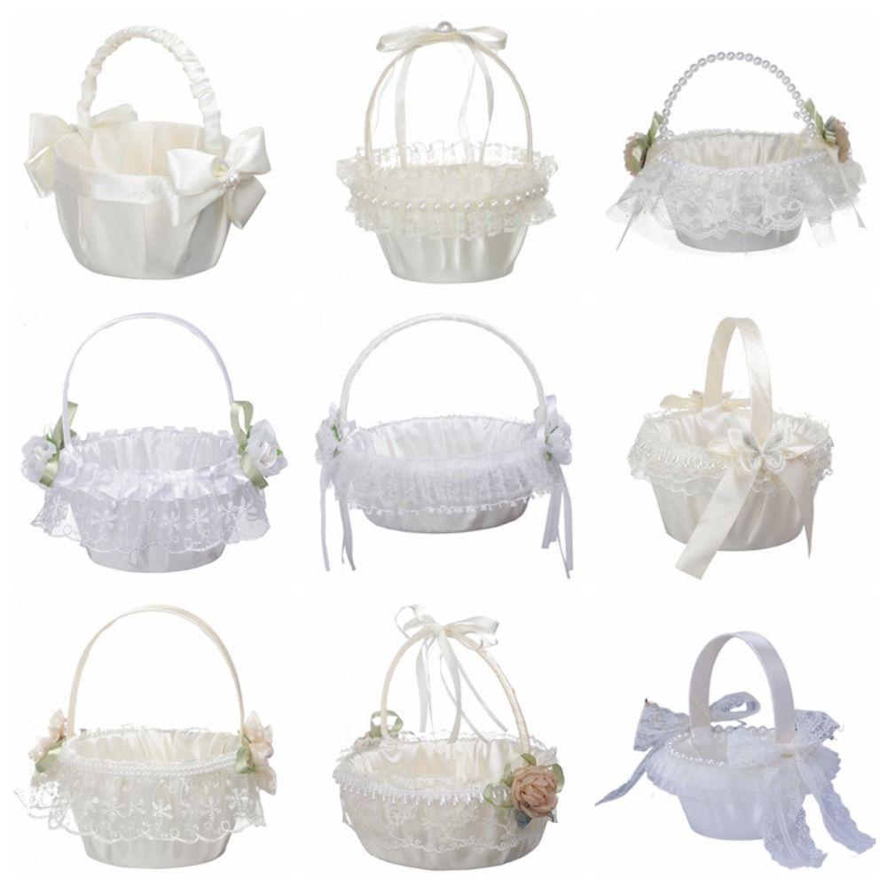 Ribbon Bow Flower Girls Basket Rose Flower Satin Bow Hanbag Sweet Wedding Party Decorations Party