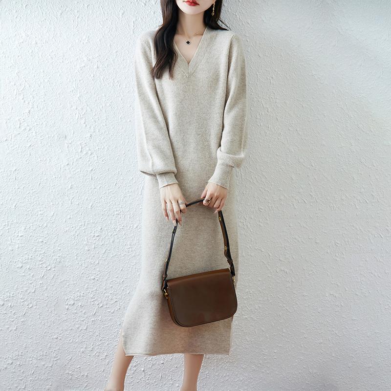 Women Sweater Dress 100% Wool MODERN NEW SAGA V-neck Knit Long Pullover Winter Jumpers Wool Long Dress Female