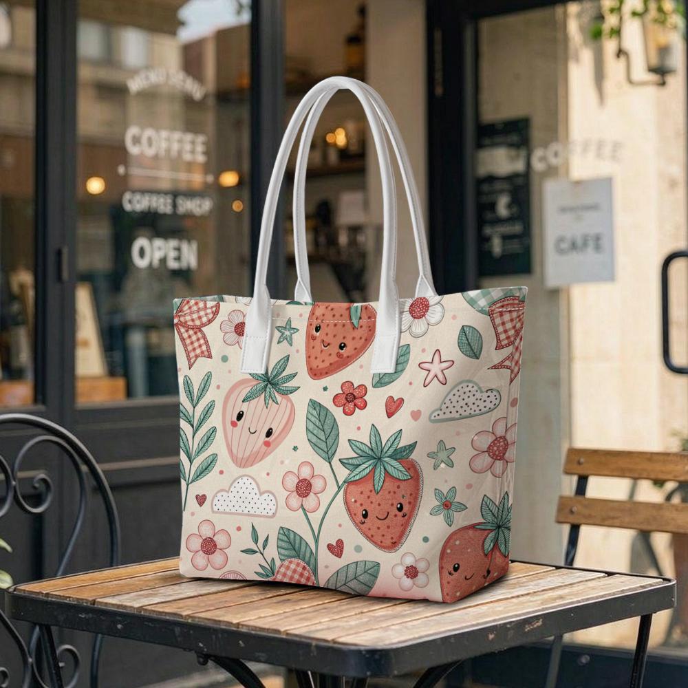 Cute Strawberry Printed Tote Bag Casual Daily Handbag for Women Lightweight Reusable Shopping Shoulder Bag for Outdoor Travel