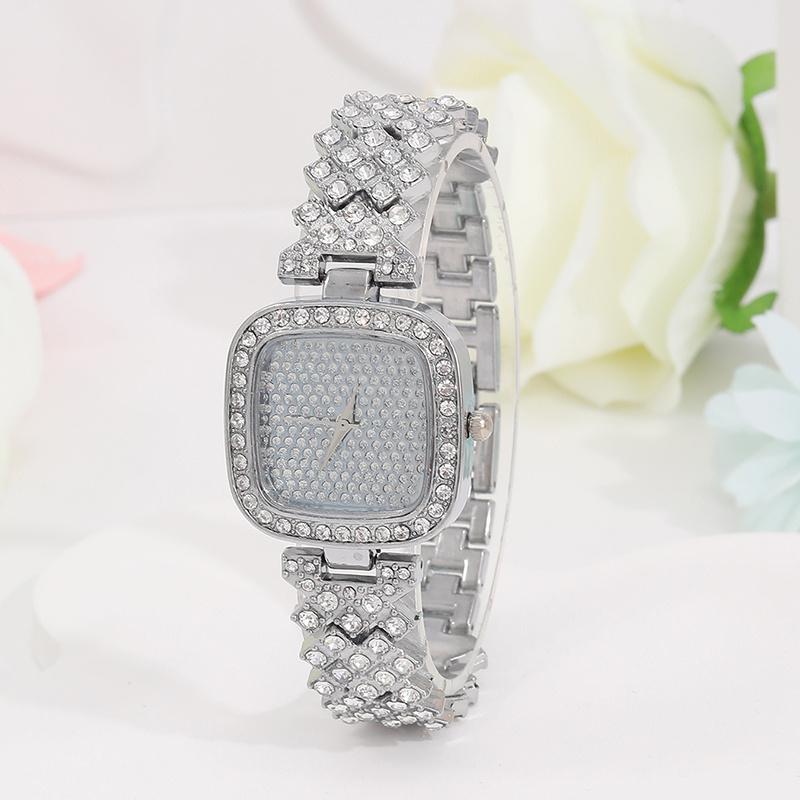 5PCS Luxury Personalized Girl Diamonds Silver Quartz Watch Women's Square Pendant Necklace Diamonds Earrings Ring Set for Girls