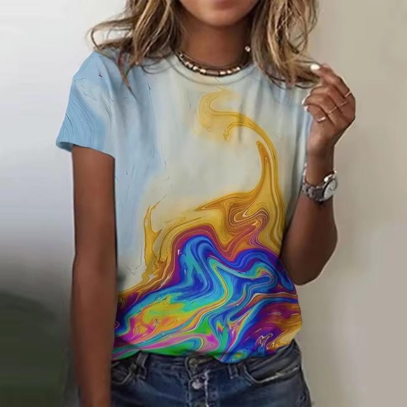Letní barva Kravata Dye 3D tisk Trička Ženy Streetwear Neformální Móda Y2k Tričko s krátkým rukávem Tričko s výstřihem do O Trička Topy Oblečení