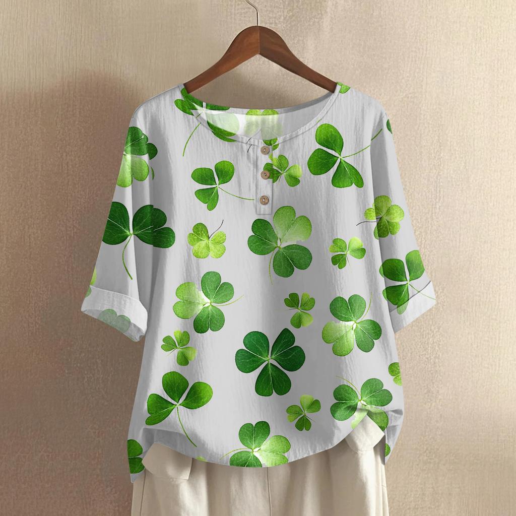 Women's Fashionable And Casual Shirt 3/4 Sleeve Round Neck Print Blouse Top