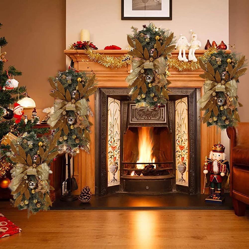 Glowing Christmas Wreath Rattan Reusable Exquisite Door Hanging Wreaths Upside Down Xmas Tree Pendants Ornaments