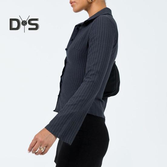 Damen-Hemd mit Revers, langen Ärmeln, gestreiftem Print, Knopfleiste, schmale Passform, vielseitige Oberteile für den Alltag