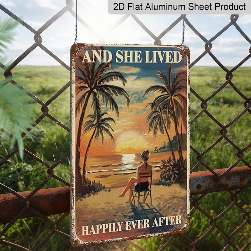 2D Flat - Retro Beach Aluminum Sign - Lady Enjoying The Shore, Ideal for Home and Bar Decoration, Wall Mounting, 7.87*11.8 Inchs, No Electricity