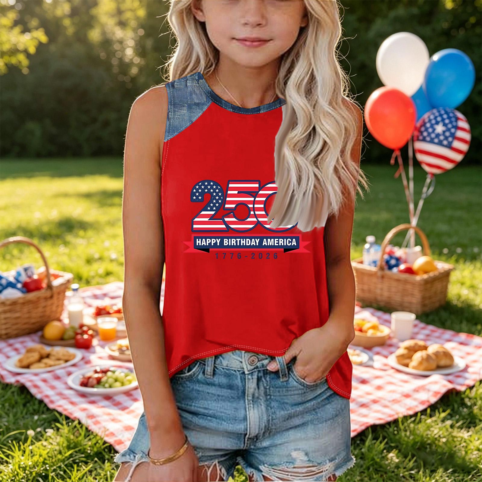 

Sleeveless Loose Fit Tank Top for Women Round Neck Denim Print 250th Independence Day Graphic T Shirt Casual Summer Tee 140
