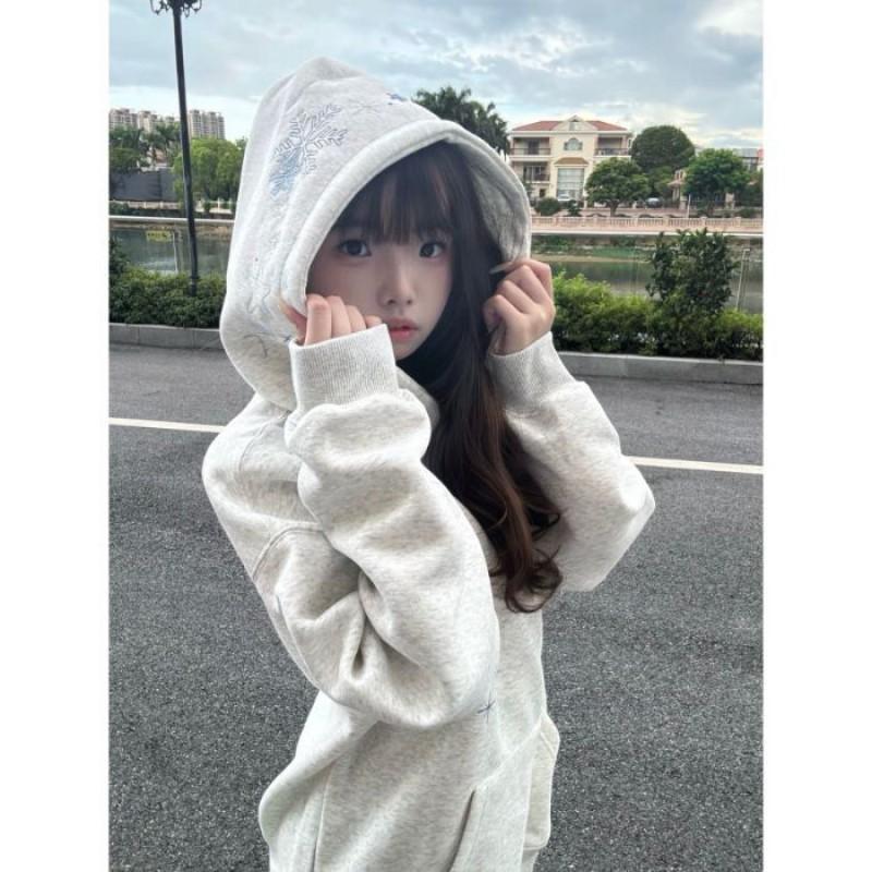 Womens Oversized Hooded Sweatshirt Fall Winter Snowflake Embroidery Streetwear Couple Outerwear