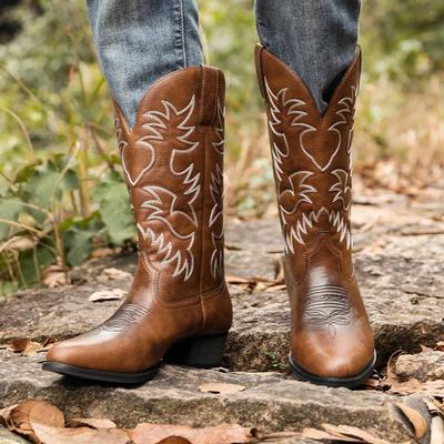 38-48 Bottes de Cowboy Western pour Hommes Bottes de Moto Automne Extérieur Cuir PU Broderie Totem Bottes Mi-Mollet Chaussures Design Rétro