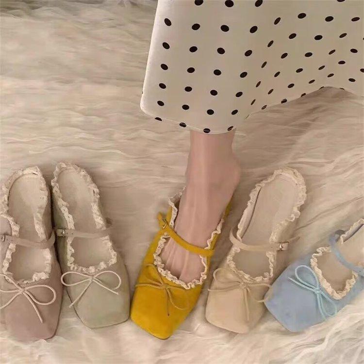 Lace Lace-up Bow Bag Head Slippers Women's Outer Wear 2025 Spring and Summer Square Head Flat Soft-soled Single Shoes Mary Jane Half-tow