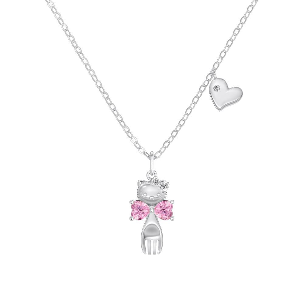 S925 Sterling Silver Clavicle Necklace with Cat Fork Design & KT Bow – Korean & Japanese Light Luxury for Women 925 Silver