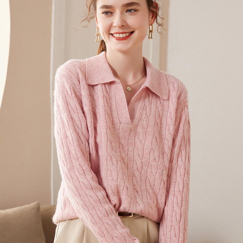 2023 Autumn Winter Women's Cashmere Polo Sweater: Versatile Retro Lapel Knit, Loose Cable Knit Base Layer