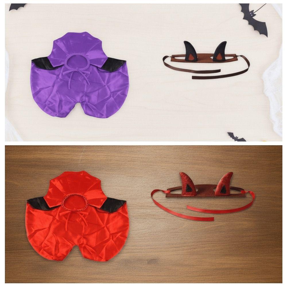 Stand Collar Pet Gothic Costume Tie Closure with Ear Holes Dog Horn Headband Lightweight Red Black Contrast Cat Gothic Cloak