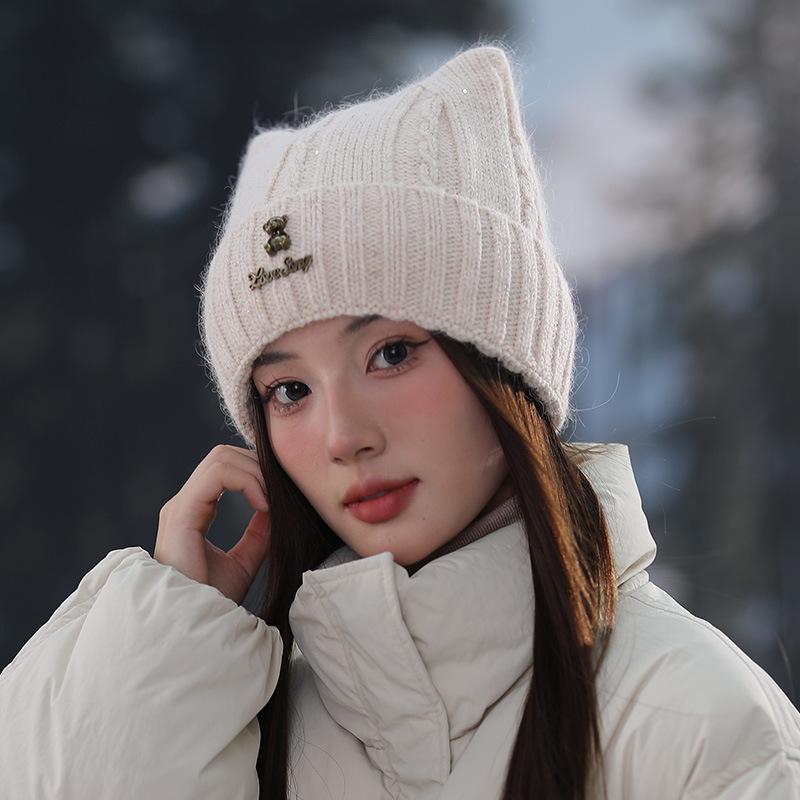 

Милая плюшевая вязаная шерстяная шапка с кошачьими ушками для женщин, осенне-зимняя, большая теплая шапка для защиты ушей one size