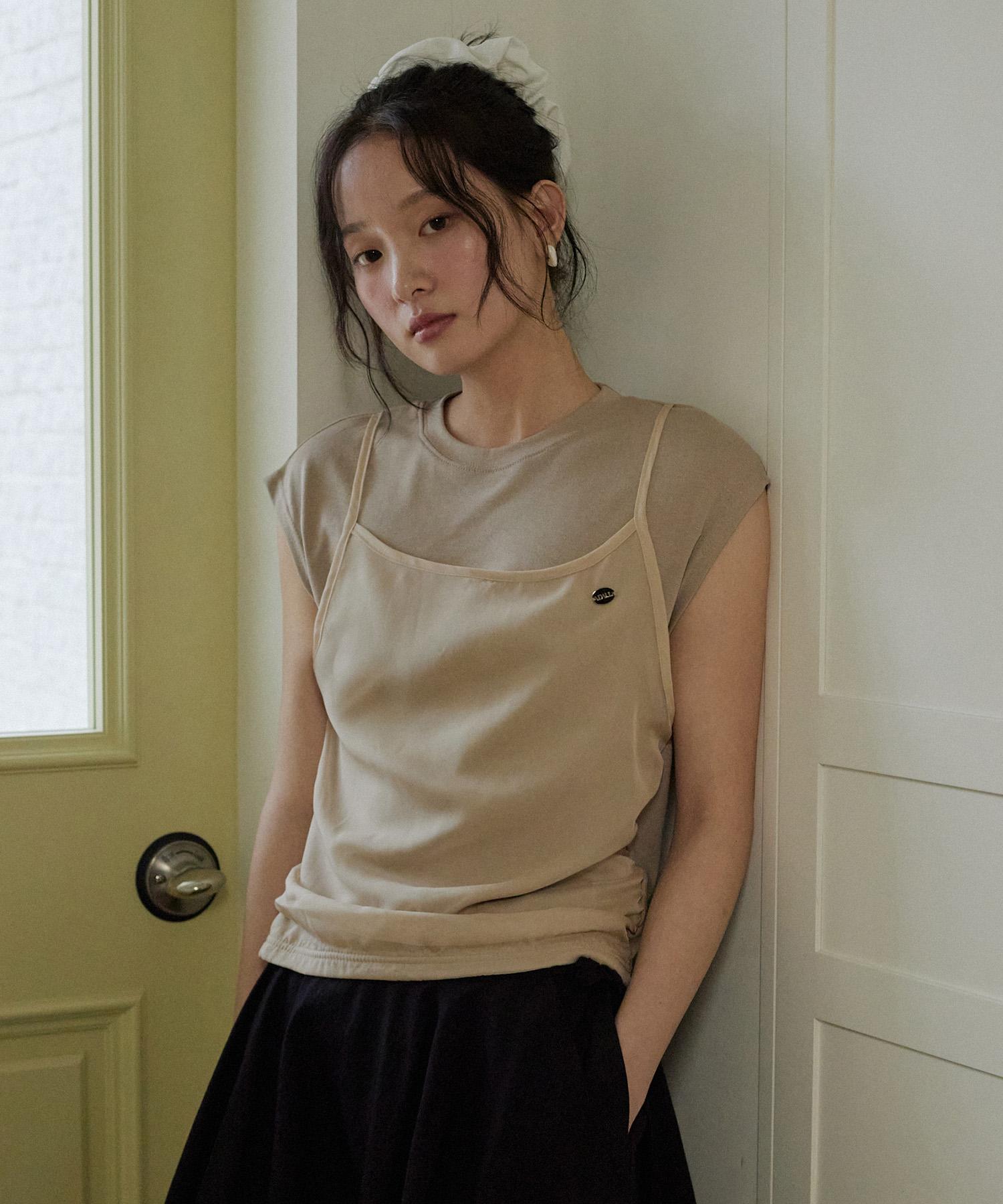 Adowl Layered Bustier Ribbon Shirring T Shirt - 4Color Cream/Free