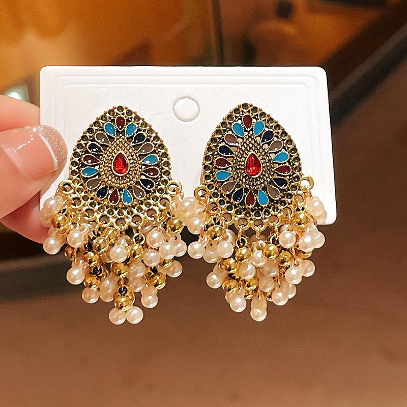 Pendientes de Carrillón de Viento de Perla y Cristal de Aguja Plateada Vintage
