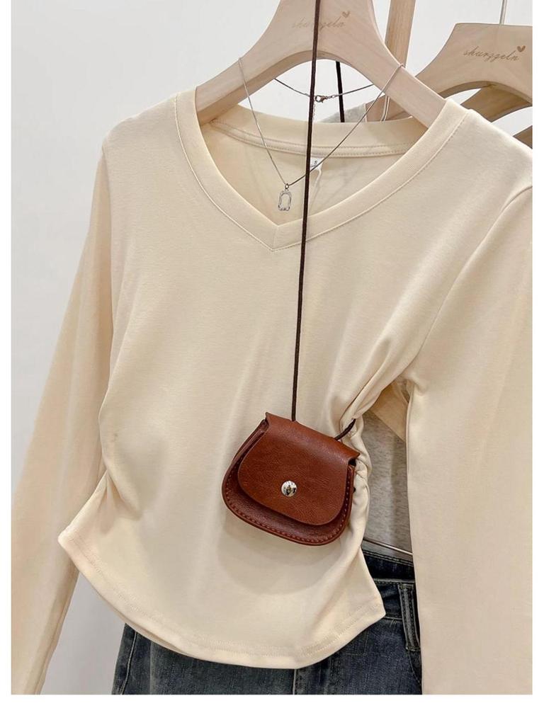 Damen V-Ausschnitt Slim-Fit Langarm-T-Shirt, Neuer Frühling/Herbst Stil mit Raffung an der Taille, Schickes Hot Girl Top, Vielseitiges Basic-Shirt.