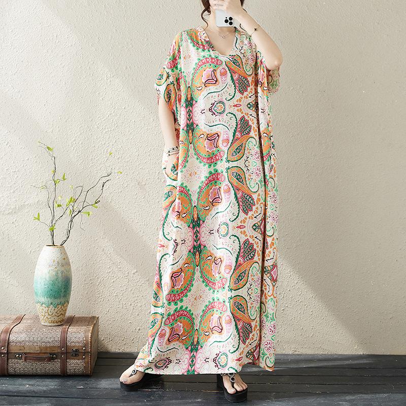 Women's V-neck Printed Long Dress Loose Soft and Comfortable Plus-size Dress Casual Breathable Summer Beach Dress for Female