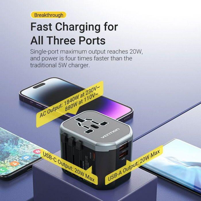 Vention Adaptateur de voyage universel USB (C A A) a 3 ports (20W/18W/18W) Noir