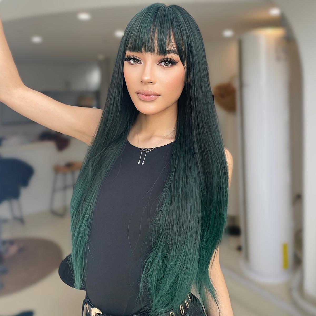 HAIRCUBE Длинные прямые темно-зеленые синтетические парики Косплей волосы с челкой — фото 5