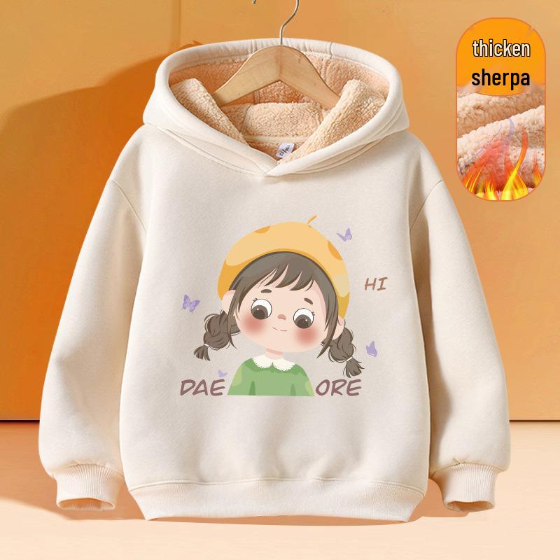 Girls  Plus Velvet Lambswool Hooded Sweatshirt - Warm, Thickened Pullover for Spring 2026 Trend 160cm