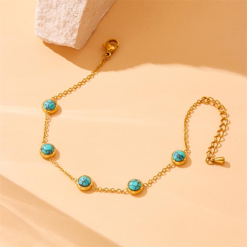 Stainless Steel Round Turquoise Necklace Bracelet Earrings Suit for Womens Jewelry Set