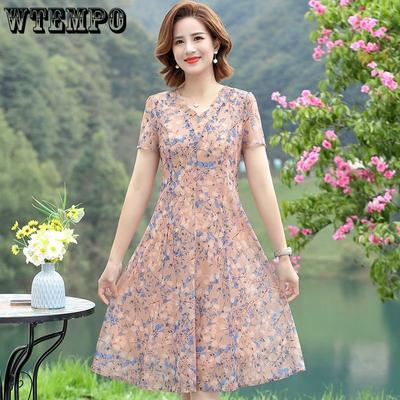 Large Size Dress Women Short Sleeved Loose Floral Dress Summer Mesh Breathable Dress A-line Print Mid Length Dress