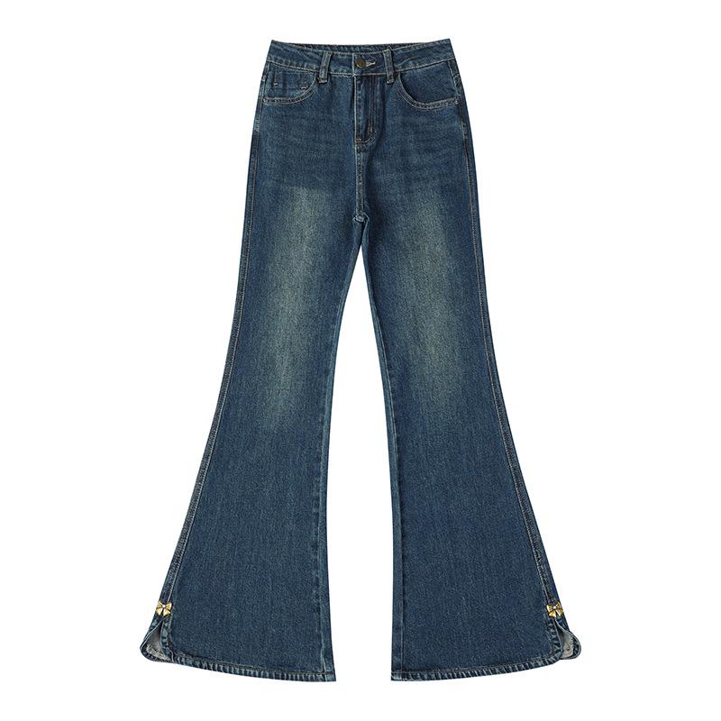 Spring Women's Plus Size Micro-Flare Elastic Jeans - Loose Slimming Split Cropped Pants for Petite