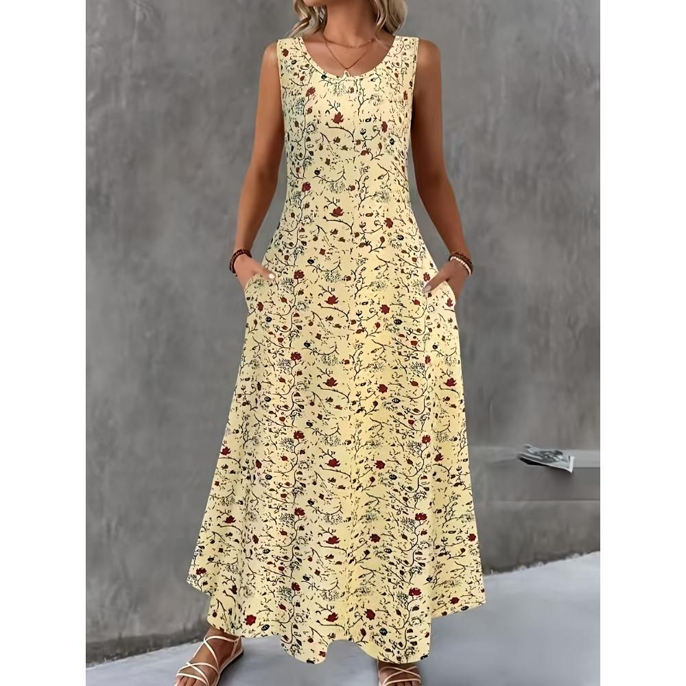 Women's Round Neck Sleeveless Floral Print Maxi Dress Loose Fit Mid Waist Elegant Casual Long Dress