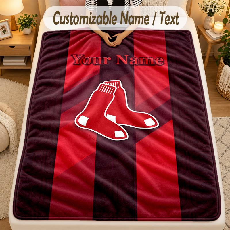 Flannel BlanketBoston Red Sox Custom Name Text Personalized Soft Warm Throw Blanket Home Decor Gift