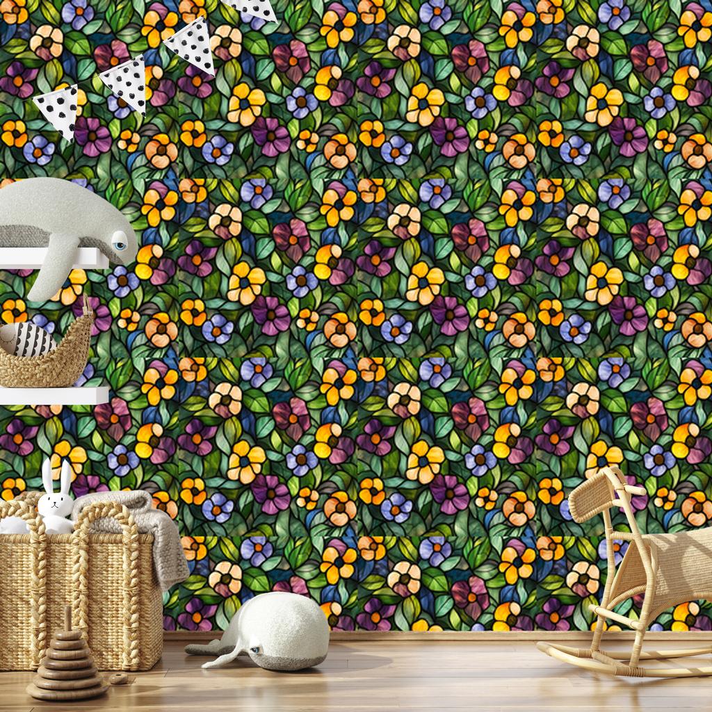 Wallpaper Stained Glass Flowers Bottle Green and Olive 50x1000