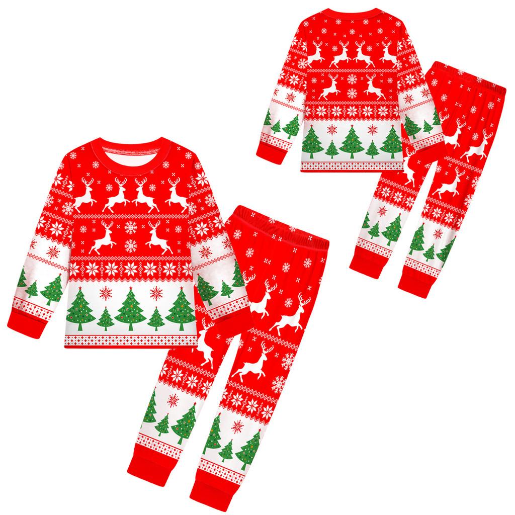 Kids Boys Girls Cartoon Santa Claus Christmas Tree Elk Print Long Sleeves T-Shirt Top Pants Trousers Clothes Set