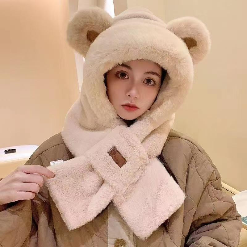 Cute bear plush hat women's autumn and winter new cold-proof and warm hat, scarf integrated thickened ear protection headgear