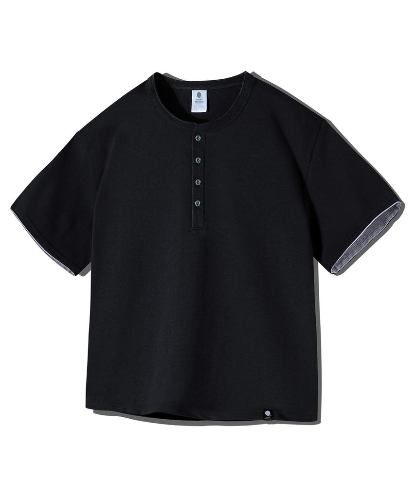 GHOST REPUBLIC Crop Stripe Color Block Roll-Up Henley Neck Short Sleeve Tee Gt-393_Black