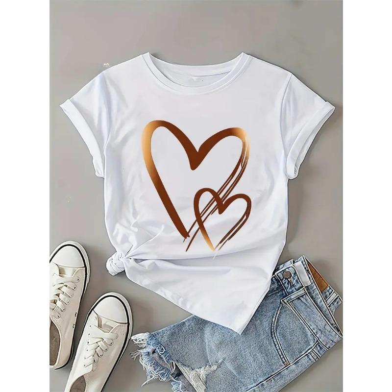 New Casual Women's 3D Digital Printed Heart-shaped Round Neck Short Sleeved T-shirt
