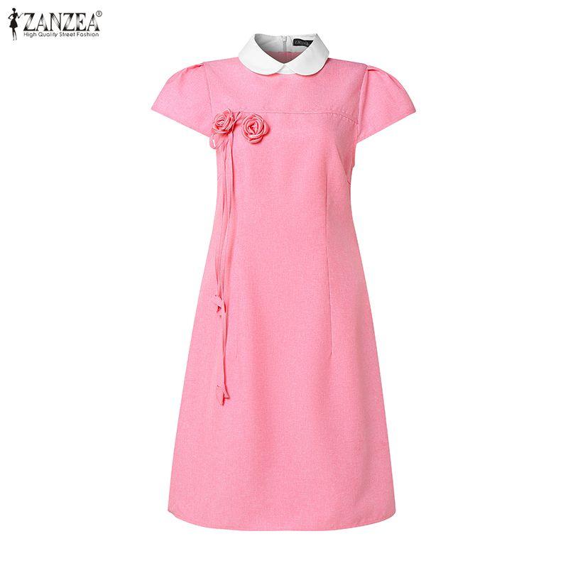 ZANZEA Women Splice Doll Collar Casual Short Sleeve Dress