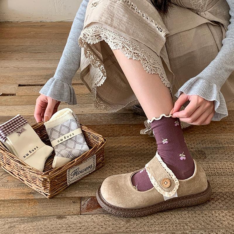Female Spring and Autumn Sweet Flanging Bow Berry Purple Lattice Boneless Tube Pile Socks
