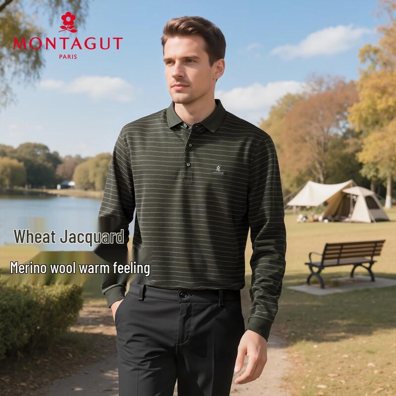 MONTAGUT Men s Striped Long-Sleeve Wool Blend Polo Shirt 52