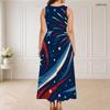Women Plus Size Round Neck Triple Keyhole Cutout Sleeveless Firework Printed Navy Maxi Dress