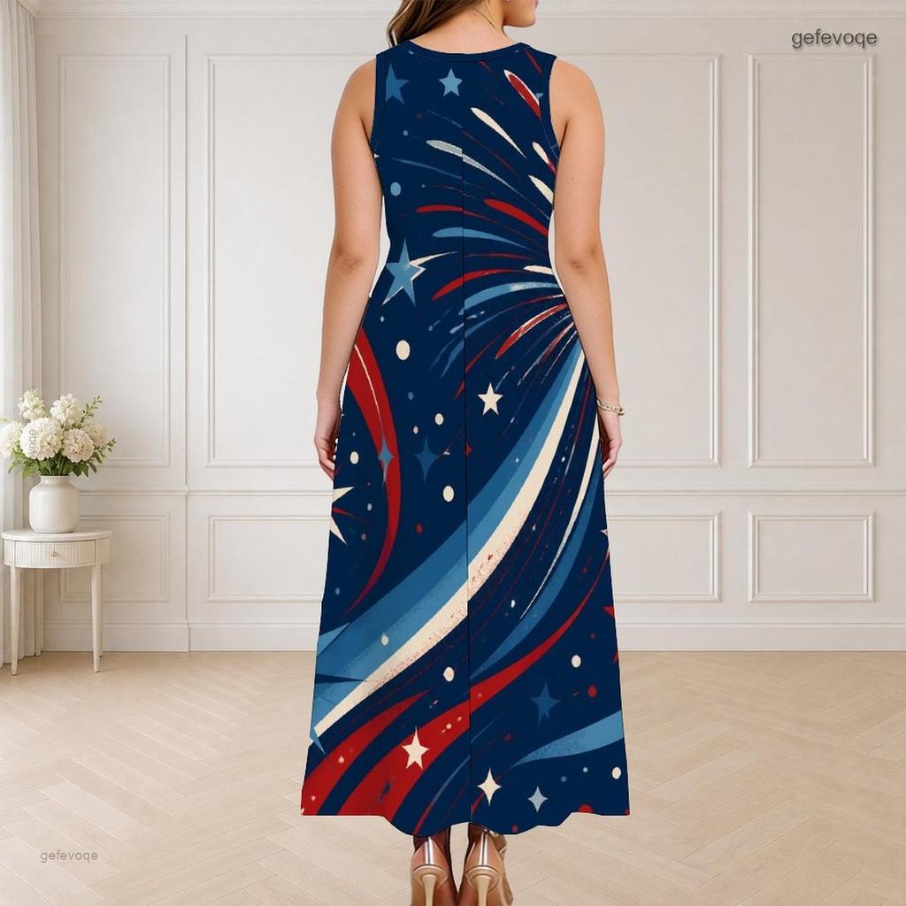 Women Plus Size Round Neck Triple Keyhole Cutout Sleeveless Firework Printed Navy Maxi Dress