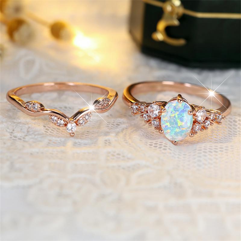 Roségoldene Farbe Ovalschliff Weißer Stein Ring Set Ehering Valentinstag Kronenschmuck