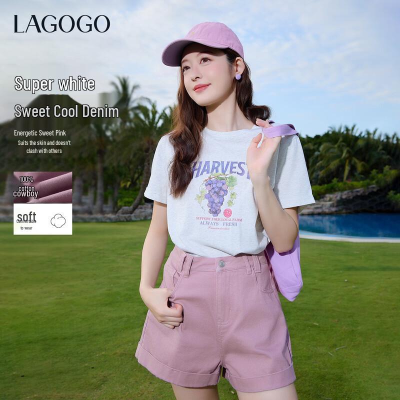 LAGOGO Women s Pink Purple Cuffed Wide-Leg Denim Shorts M