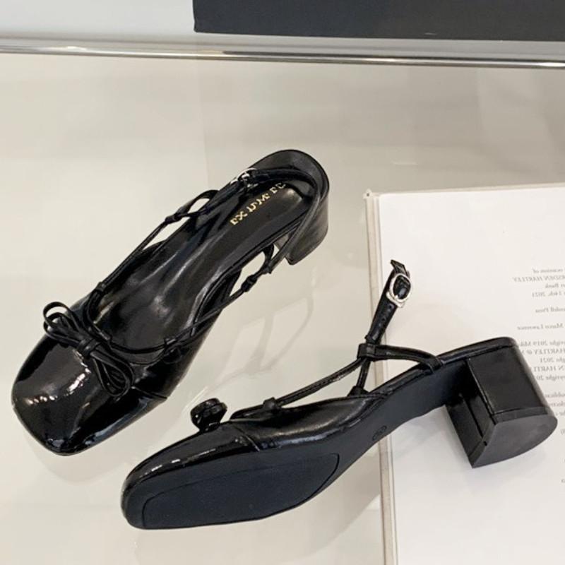 Fashion High Quality Bow Belt Buckle Women Sandals Round Toe Narrow Band Square Heel Mary Jane Shoes Fashion Comfortable Slide Sandals